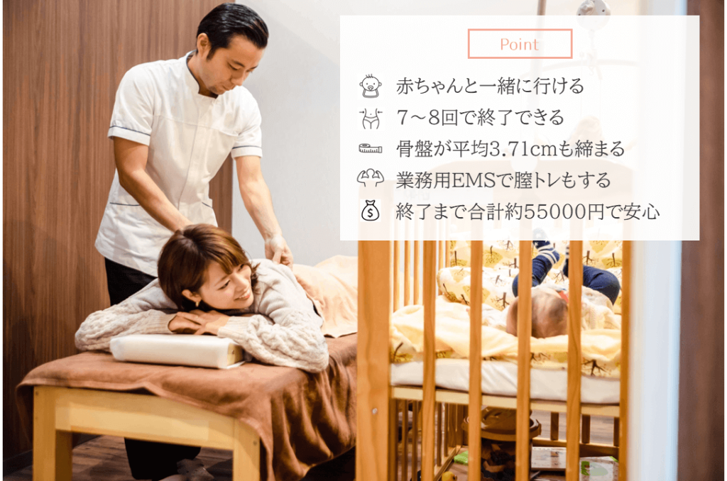 京都で子連れで行ける産後骨盤矯正　ポイント　・赤ちゃんと一緒に行ける　・7～8回で終了できる　・骨盤が平均3.71cmも締まる　・業務用EMSで膣トレする　・終了まで合計55,000円程度